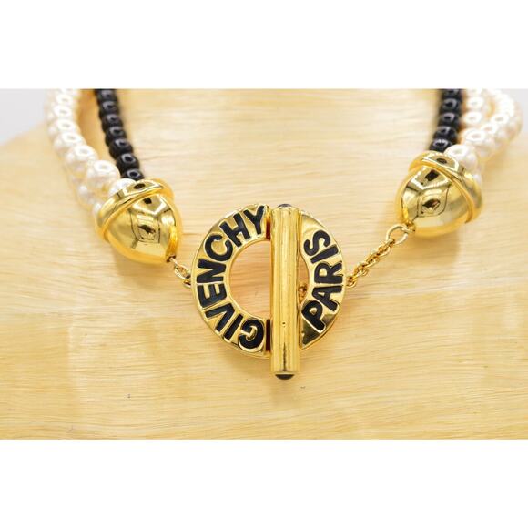 Givenchy Vintage Logo Collar Necklace Paris Toggle Pearl Black White Chunky BinG - Picture 2 of 12